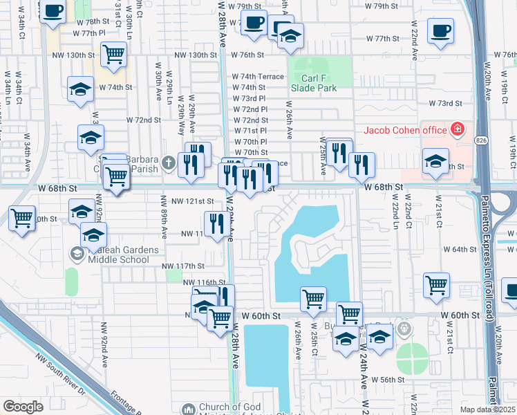 map of restaurants, bars, coffee shops, grocery stores, and more near 6560 West 27th Court in Hialeah
