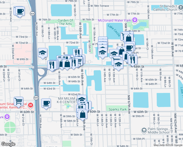 map of restaurants, bars, coffee shops, grocery stores, and more near 6551 West 15th Court in Hialeah