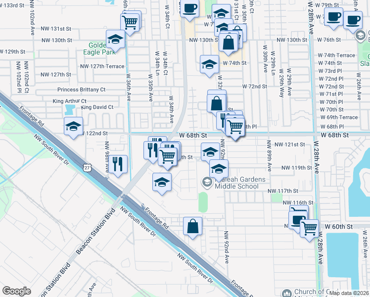 map of restaurants, bars, coffee shops, grocery stores, and more near 9334 Northwest 120th Terrace in Hialeah
