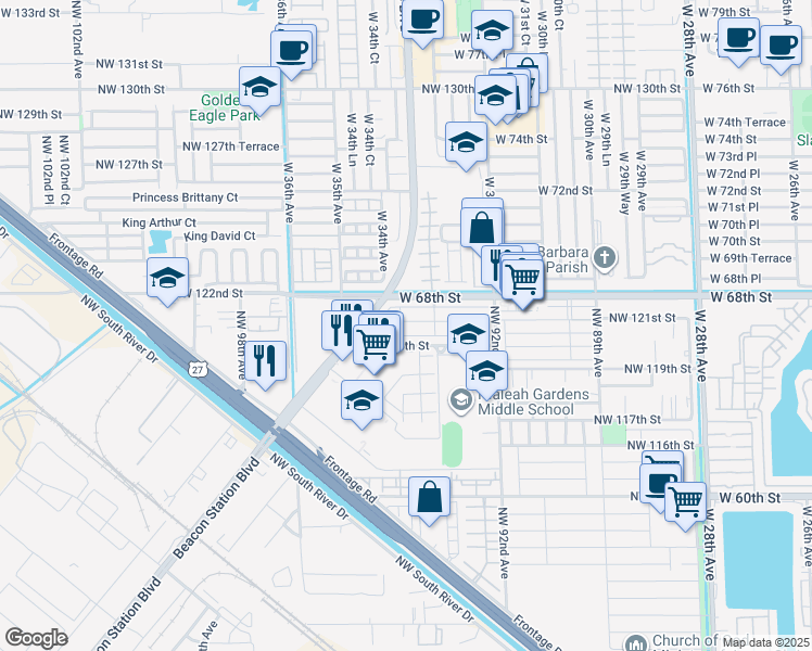 map of restaurants, bars, coffee shops, grocery stores, and more near 9334 Northwest 120th Terrace in Hialeah