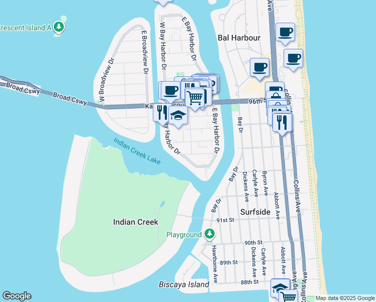map of restaurants, bars, coffee shops, grocery stores, and more near 9200 Bay Harbor Terrace in Bay Harbor Islands