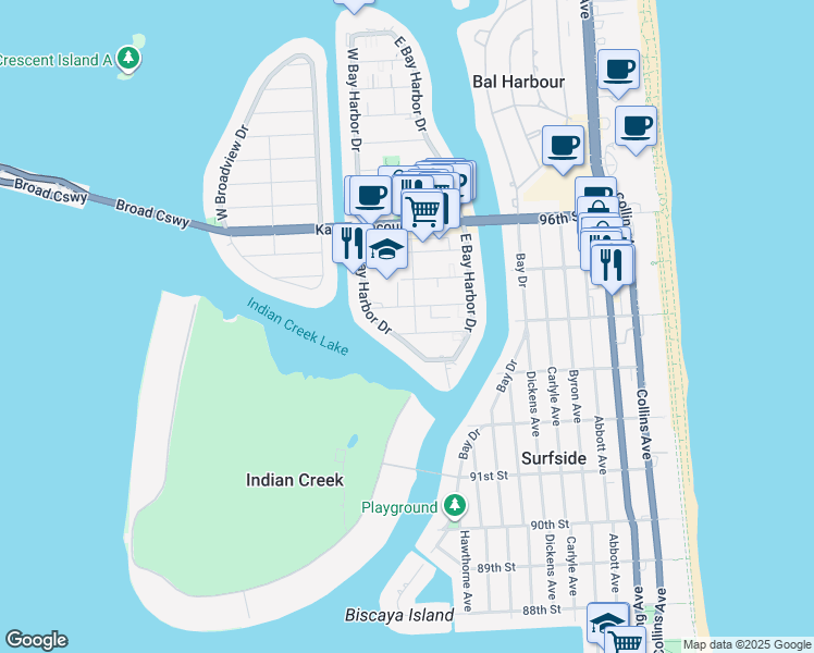 map of restaurants, bars, coffee shops, grocery stores, and more near 9200 Bay Harbor Terrace in Bay Harbor Islands
