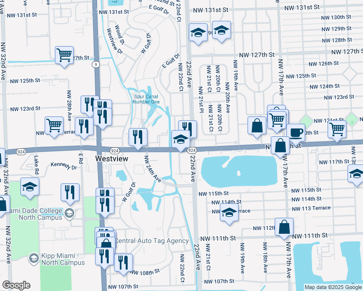 map of restaurants, bars, coffee shops, grocery stores, and more near 2290 Northwest 119th Street in Miami