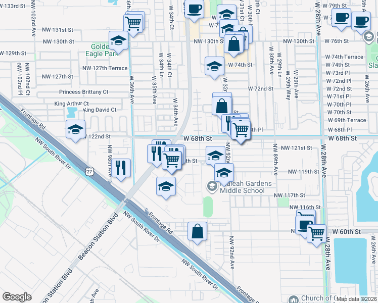 map of restaurants, bars, coffee shops, grocery stores, and more near 9334 Northwest 120th Terrace in Hialeah