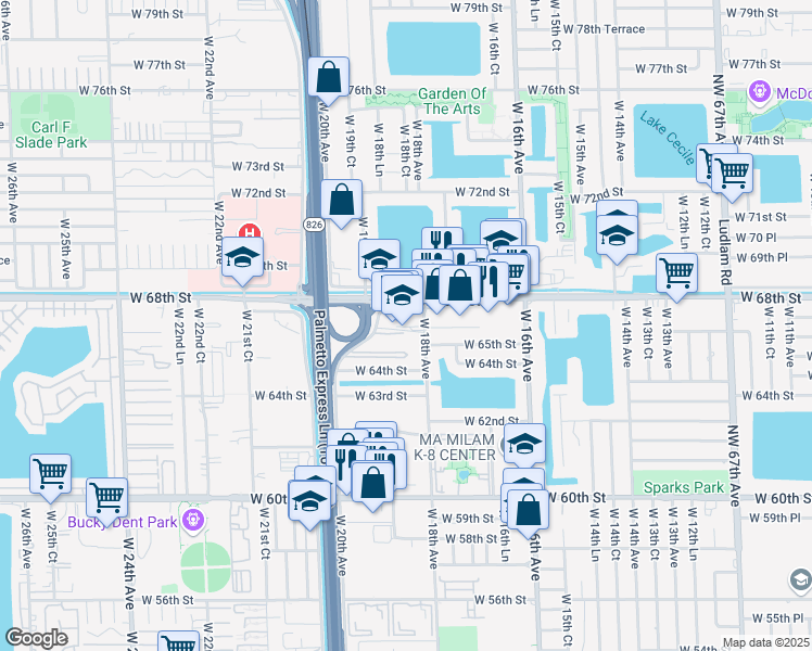 map of restaurants, bars, coffee shops, grocery stores, and more near 1900 West 68th Street in Hialeah