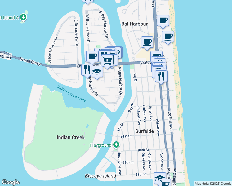 map of restaurants, bars, coffee shops, grocery stores, and more near 1050 92nd Street in Bay Harbor Islands
