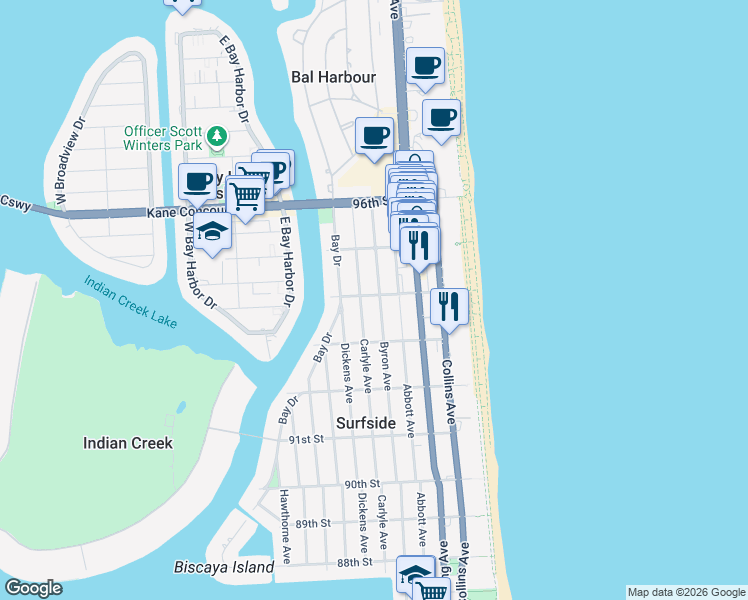 map of restaurants, bars, coffee shops, grocery stores, and more near 9349 Carlyle Avenue in Surfside