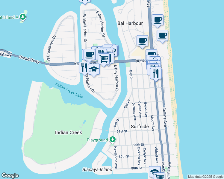 map of restaurants, bars, coffee shops, grocery stores, and more near 1050 92nd Street in Bay Harbor Islands