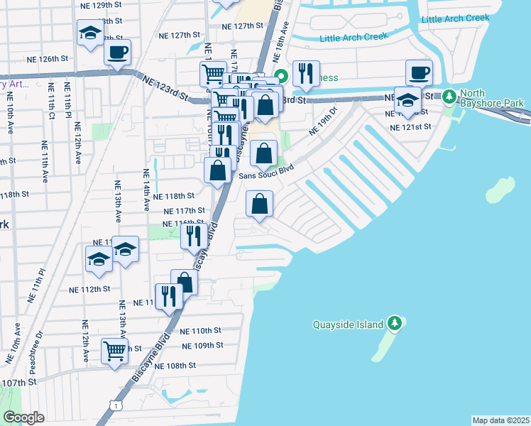 map of restaurants, bars, coffee shops, grocery stores, and more near 1701 Northeast 115th Street in North Miami