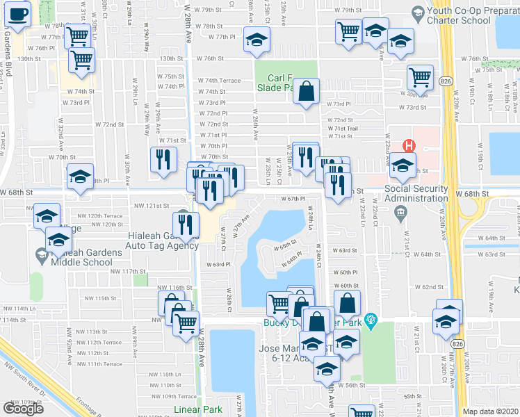 map of restaurants, bars, coffee shops, grocery stores, and more near 6685 West 26th Court in Hialeah