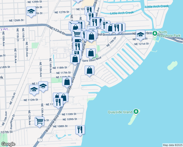 map of restaurants, bars, coffee shops, grocery stores, and more near 1701 Northeast 115th Street in North Miami