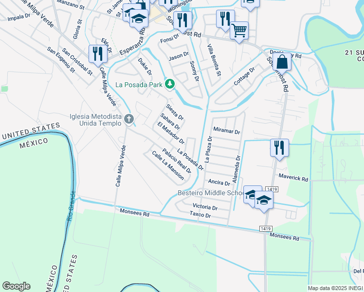 map of restaurants, bars, coffee shops, grocery stores, and more near 266 Casa Blanca Drive in Brownsville