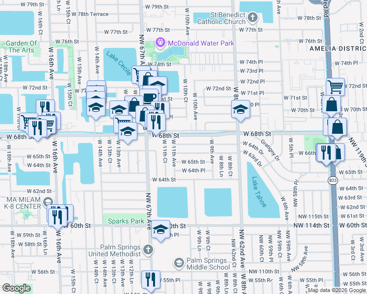 map of restaurants, bars, coffee shops, grocery stores, and more near 1042 West 66th Street in Hialeah