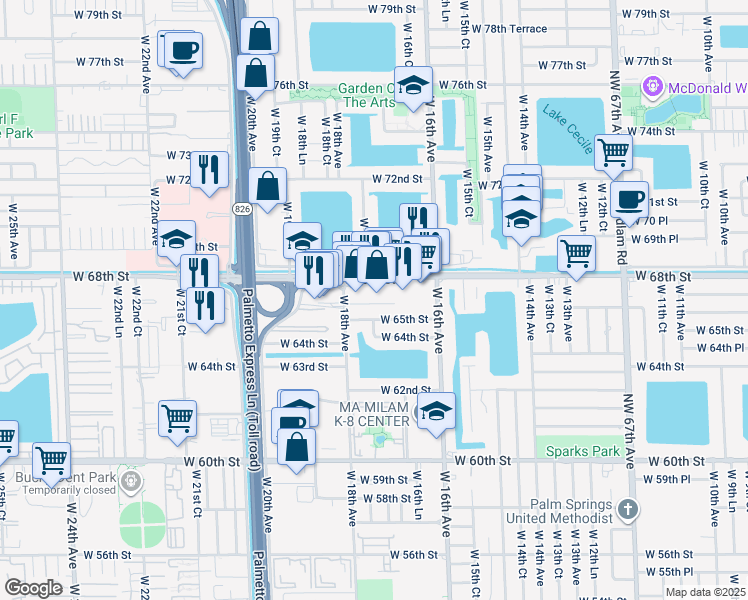 map of restaurants, bars, coffee shops, grocery stores, and more near 1718 West 68th Street in Hialeah