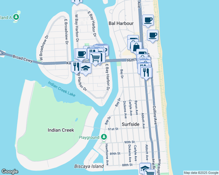 map of restaurants, bars, coffee shops, grocery stores, and more near 9301 East Bay Harbor Drive in Bay Harbor Islands