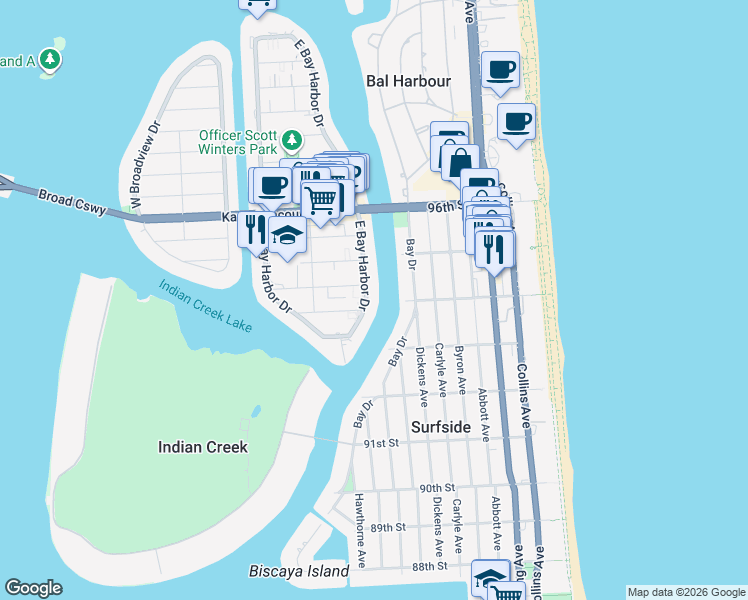 map of restaurants, bars, coffee shops, grocery stores, and more near 9301 East Bay Harbor Drive in Bay Harbor Islands
