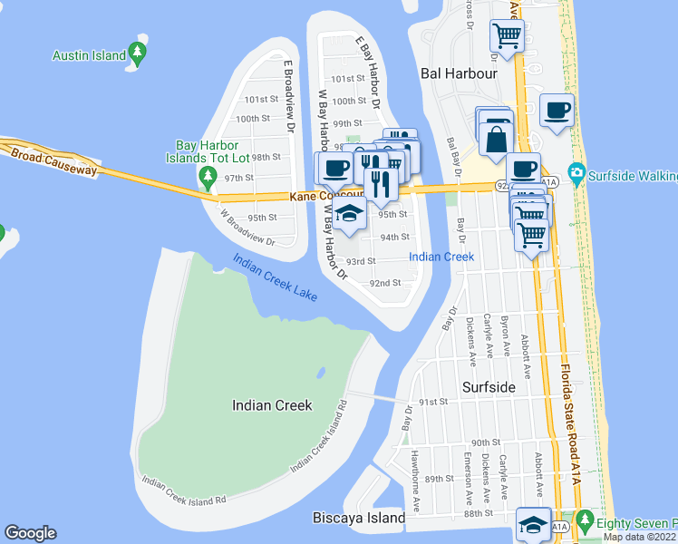 map of restaurants, bars, coffee shops, grocery stores, and more near 9270 West Bay Harbor Drive in Bay Harbor Islands