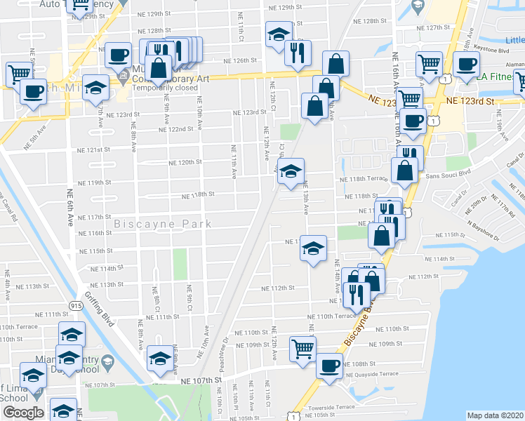map of restaurants, bars, coffee shops, grocery stores, and more near 1106 Northeast 118th Street in Biscayne Park