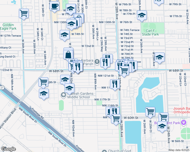 map of restaurants, bars, coffee shops, grocery stores, and more near 8850 West 68th Street in Hialeah