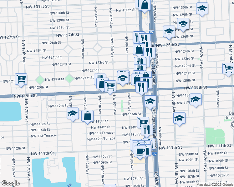 map of restaurants, bars, coffee shops, grocery stores, and more near 843 Northwest 119th Street in North Miami