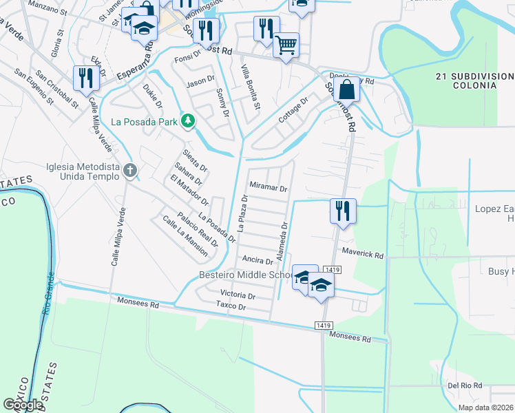 map of restaurants, bars, coffee shops, grocery stores, and more near 1939 Rosedal Dr in Brownsville