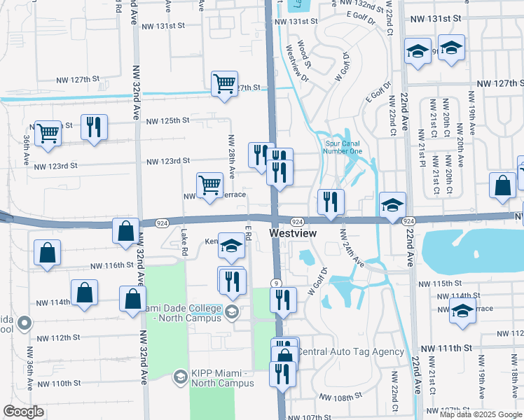 map of restaurants, bars, coffee shops, grocery stores, and more near 12000 Northwest 27th Avenue in Miami