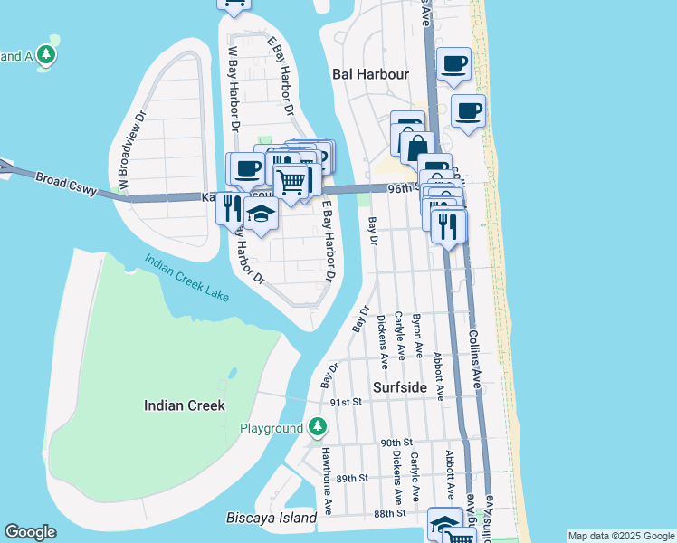 map of restaurants, bars, coffee shops, grocery stores, and more near 9301 East Bay Harbor Drive in Bay Harbor Islands