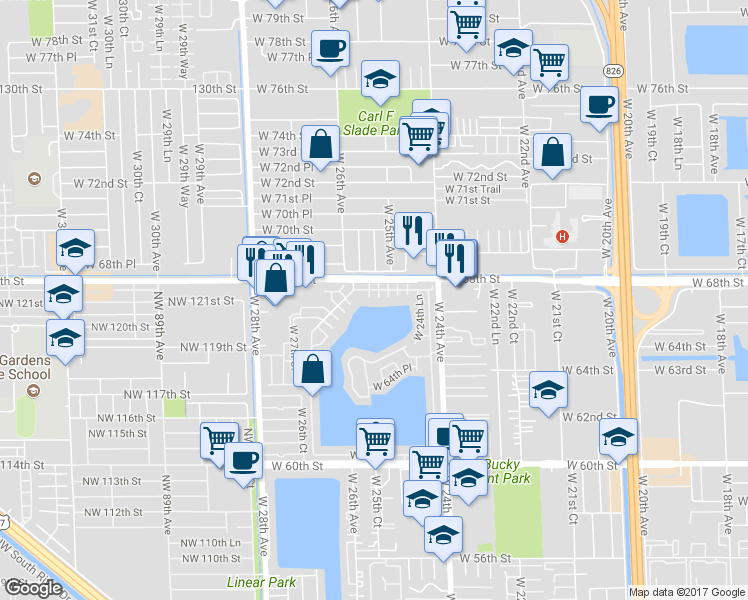map of restaurants, bars, coffee shops, grocery stores, and more near 2560 West 67th Place in Hialeah