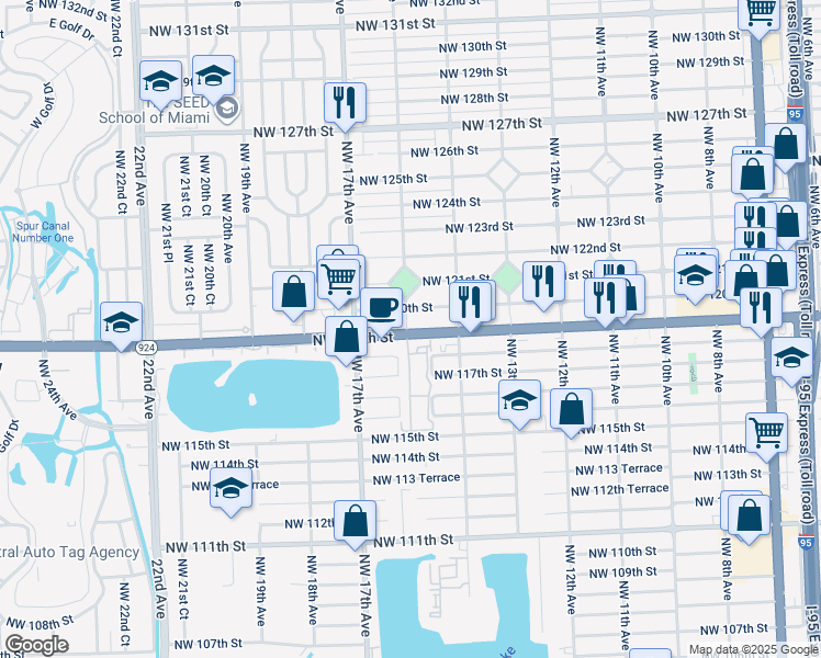 map of restaurants, bars, coffee shops, grocery stores, and more near 11995 Northwest 16th Avenue in Miami