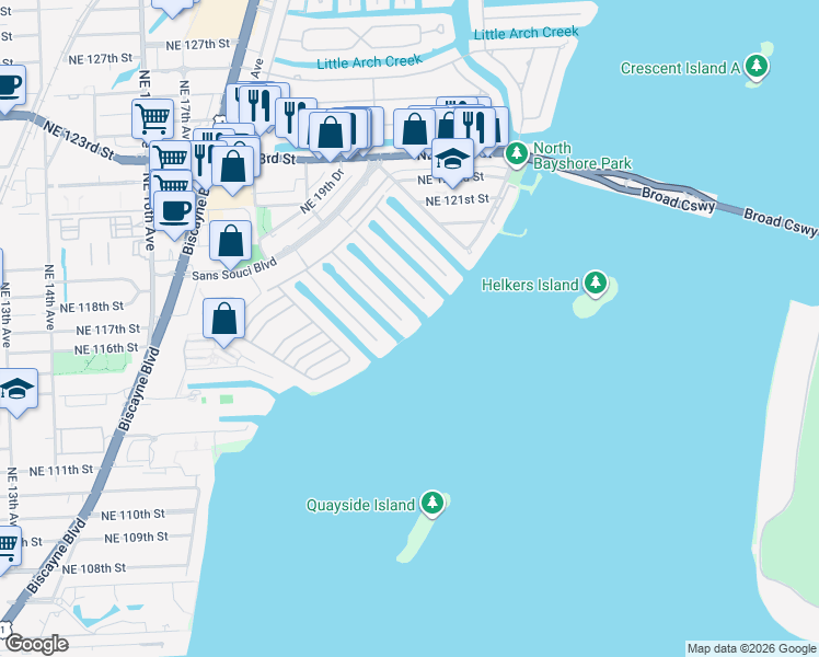 map of restaurants, bars, coffee shops, grocery stores, and more near 2082 Northeast 120th Road in North Miami