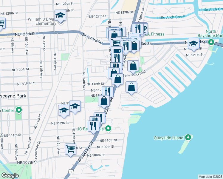 map of restaurants, bars, coffee shops, grocery stores, and more near NE 16th Ave & NE 117th St in Miami