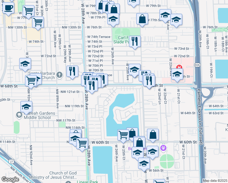 map of restaurants, bars, coffee shops, grocery stores, and more near 6745 West 26th Drive in Hialeah