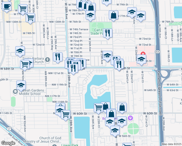 map of restaurants, bars, coffee shops, grocery stores, and more near 6675 West 26th Court in Hialeah