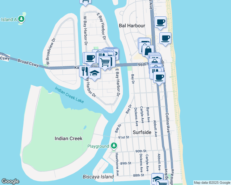map of restaurants, bars, coffee shops, grocery stores, and more near 1045 93rd Street in Bay Harbor Islands