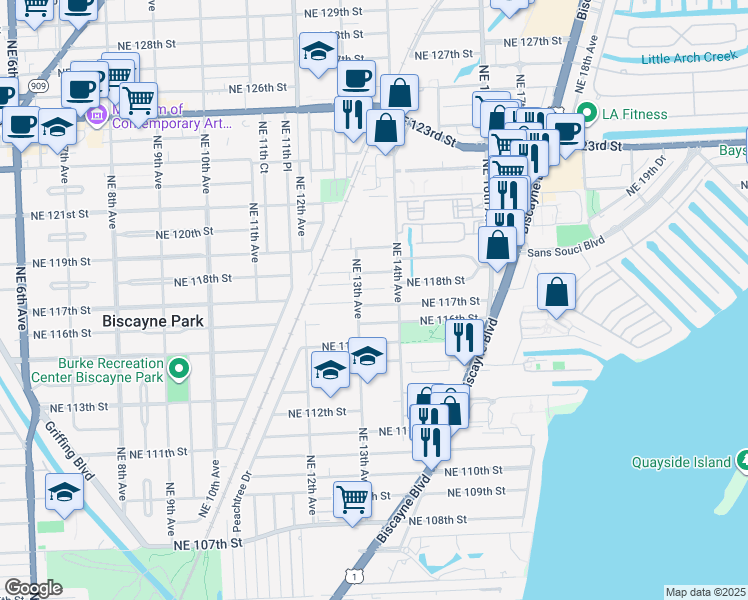 map of restaurants, bars, coffee shops, grocery stores, and more near 1347 Northeast 117th Terrace in Miami