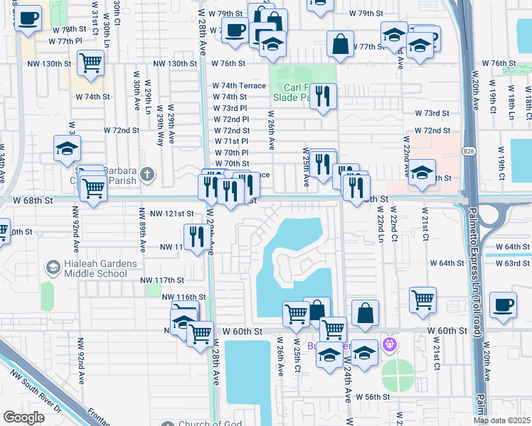 map of restaurants, bars, coffee shops, grocery stores, and more near 2535 West 68th Street in Hialeah