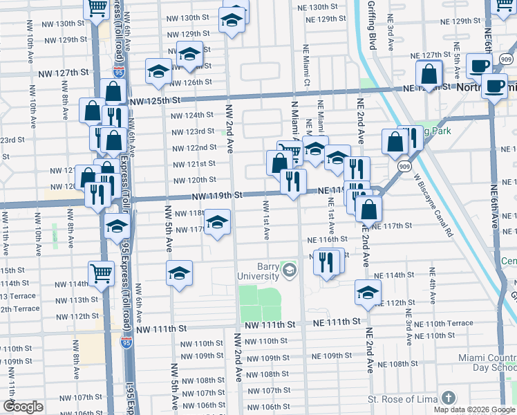 map of restaurants, bars, coffee shops, grocery stores, and more near 11820 Northwest 1st Avenue in Miami