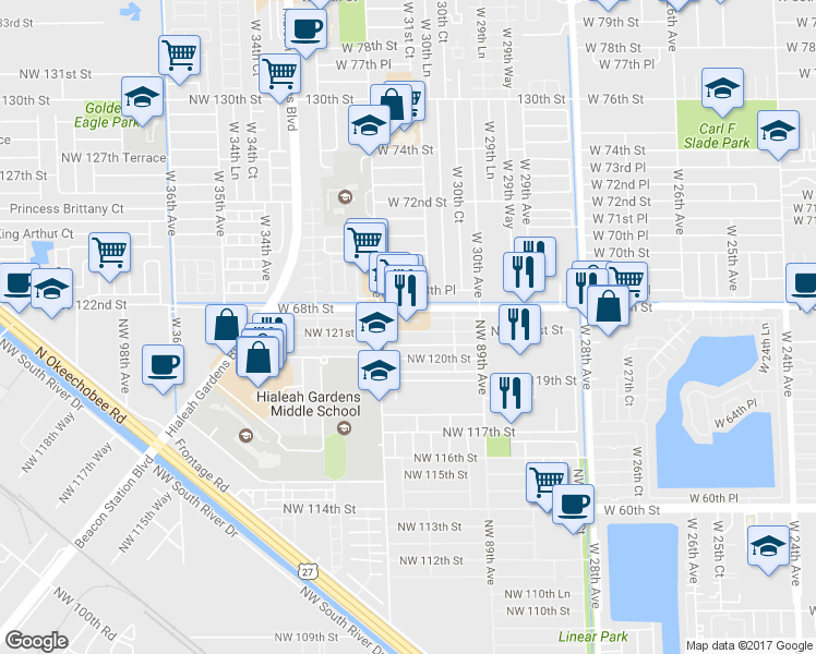 map of restaurants, bars, coffee shops, grocery stores, and more near 9160 Northwest 122nd Street in Hialeah