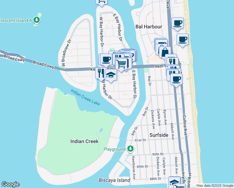 map of restaurants, bars, coffee shops, grocery stores, and more near 9300 Bay Harbor Terrace in Bay Harbor Islands