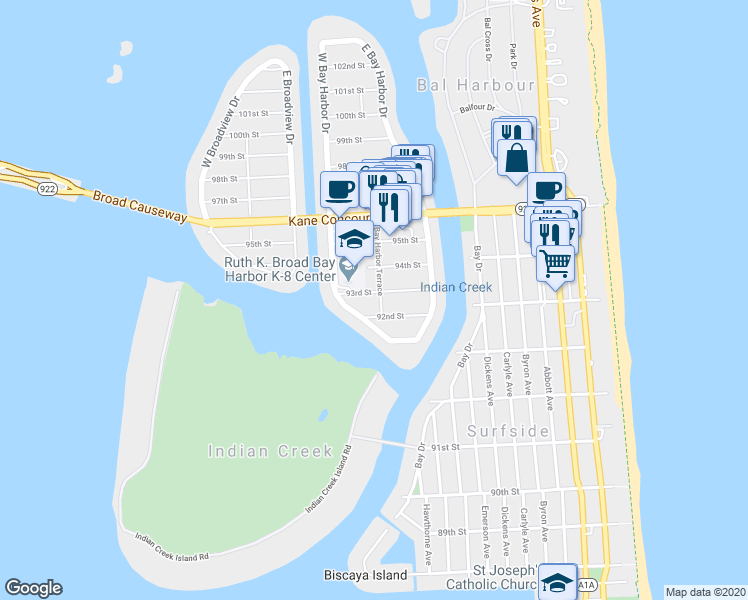 map of restaurants, bars, coffee shops, grocery stores, and more near 9300 Bay Harbor Terrace in Bay Harbor Islands