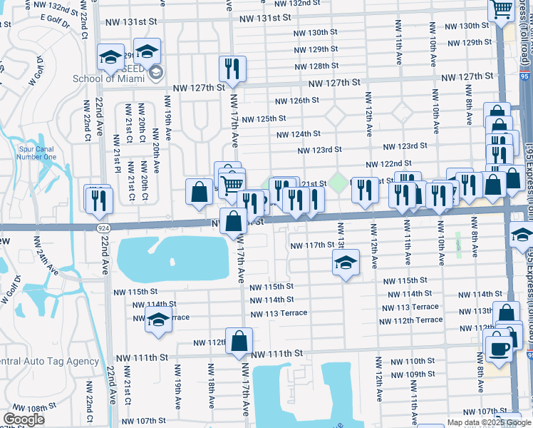 map of restaurants, bars, coffee shops, grocery stores, and more near 11995 Northwest 16th Avenue in Miami