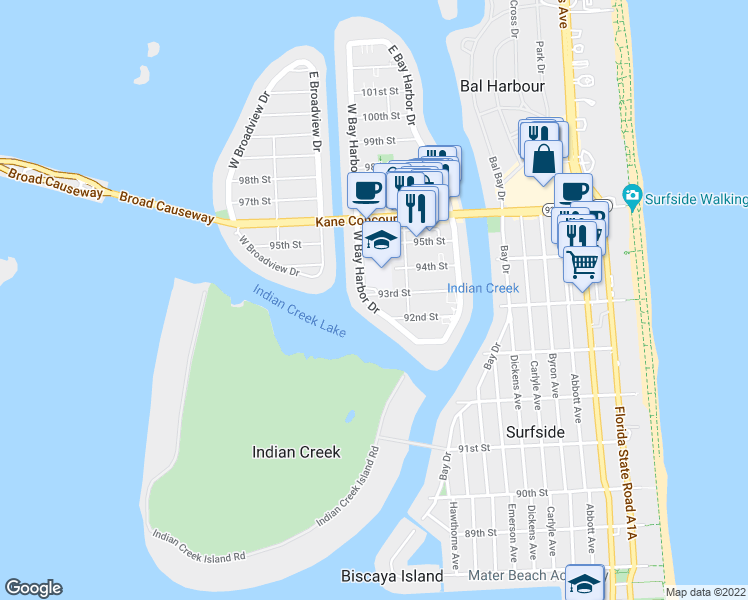 map of restaurants, bars, coffee shops, grocery stores, and more near 9350b West Bay Harbor Drive in Bay Harbor Islands