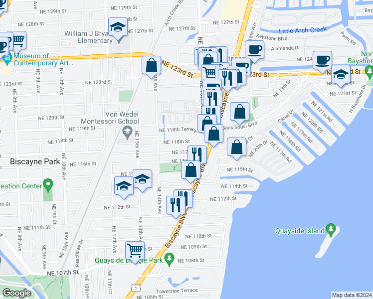 map of restaurants, bars, coffee shops, grocery stores, and more near 1520 Northeast 118th Street in Miami