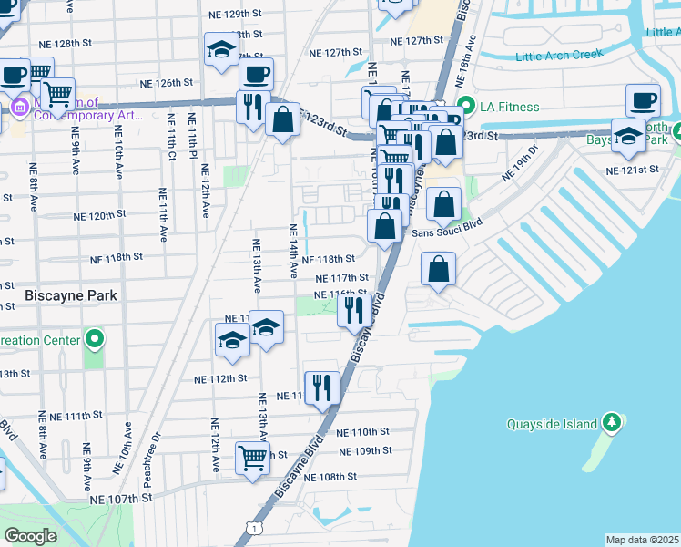 map of restaurants, bars, coffee shops, grocery stores, and more near 1520 Northeast 118th Street in Miami