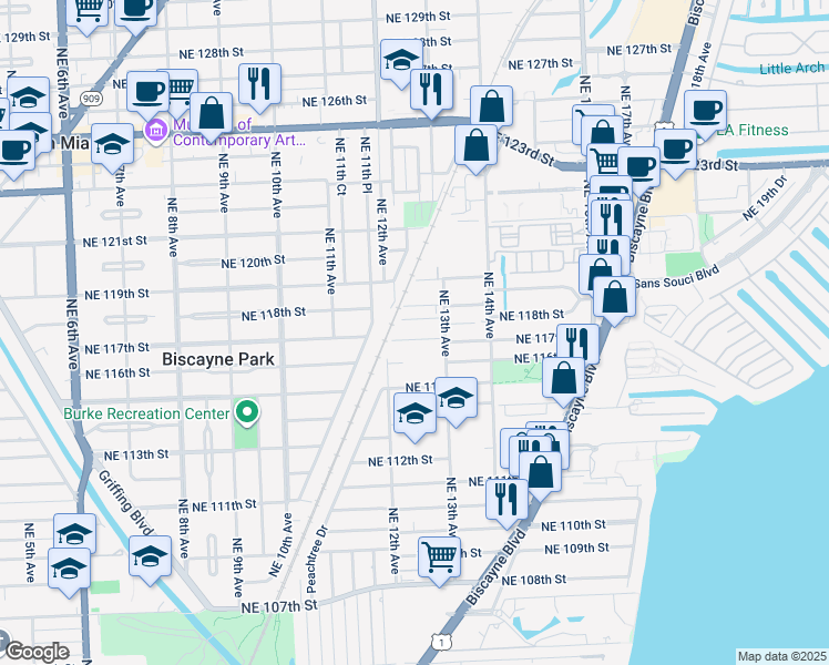 map of restaurants, bars, coffee shops, grocery stores, and more near 1212 Northeast 117th Terrace in Miami