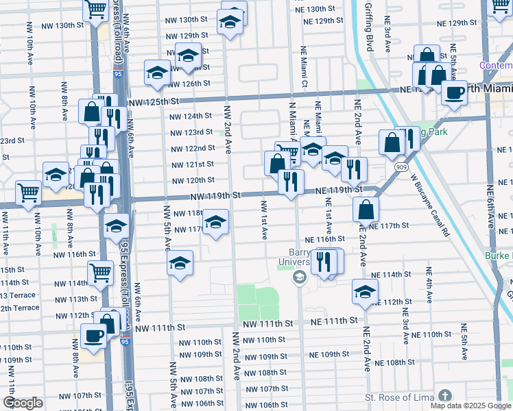 map of restaurants, bars, coffee shops, grocery stores, and more near 11820 Northwest 1st Avenue in Miami