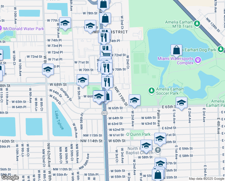map of restaurants, bars, coffee shops, grocery stores, and more near 6780 West 68th Street in Hialeah