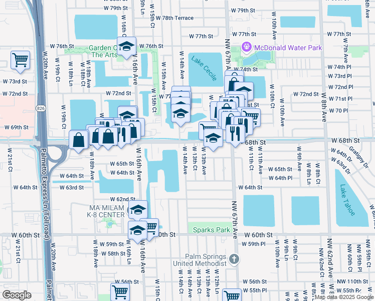 map of restaurants, bars, coffee shops, grocery stores, and more near 6791 West 14th Avenue in Hialeah