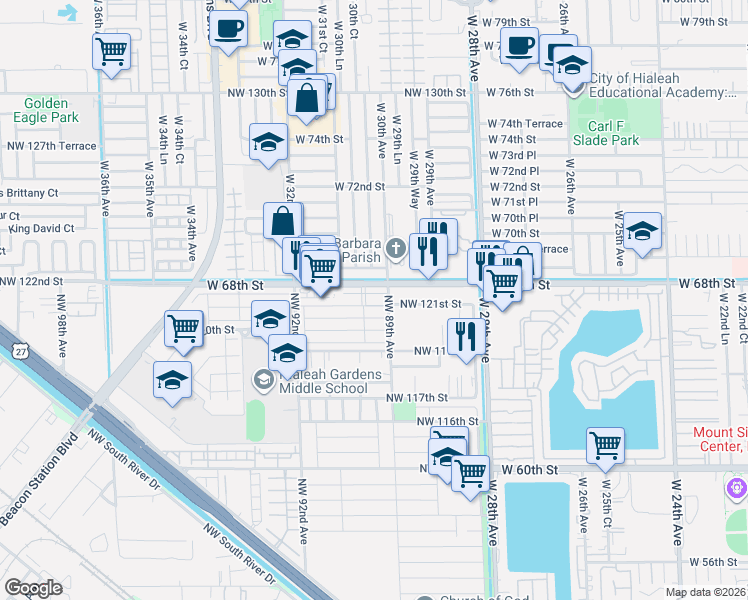 map of restaurants, bars, coffee shops, grocery stores, and more near 8921 Northwest 121st Terrace in Hialeah Gardens