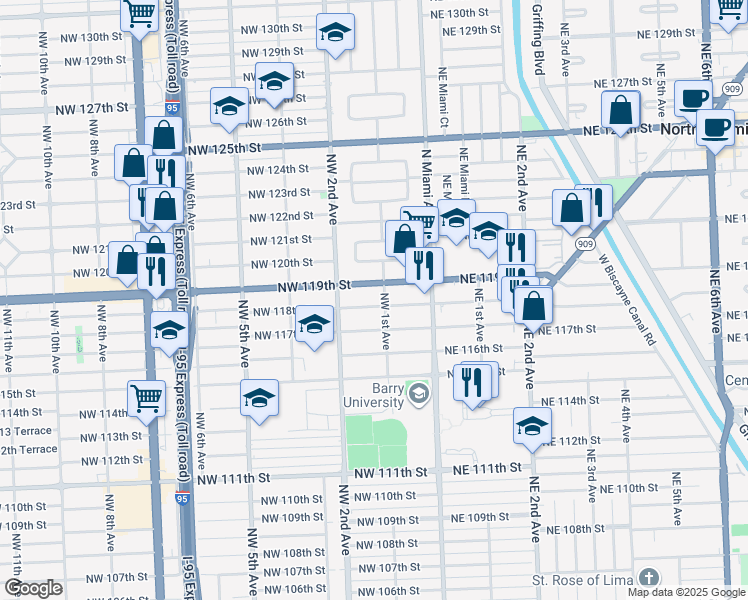 map of restaurants, bars, coffee shops, grocery stores, and more near 11820 Northwest 1st Avenue in Miami